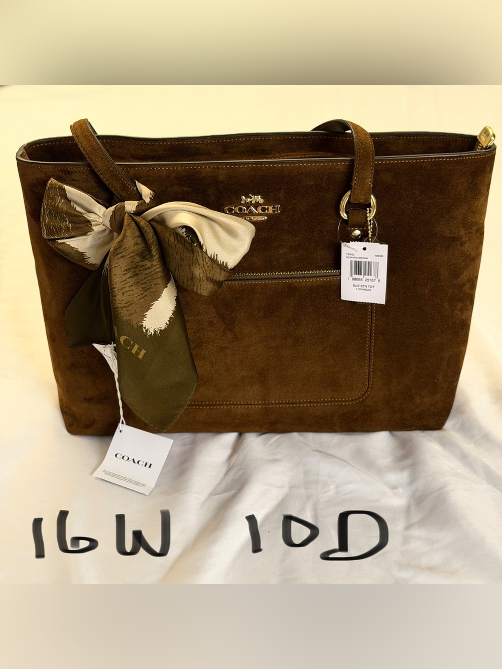 COACH Brown Suede Tote with Olive & Cream Scarf Accent